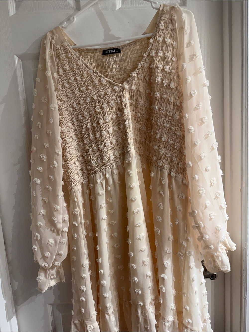 Textured Ivory Boho Tiered Dress with Dotted Appliqué XL